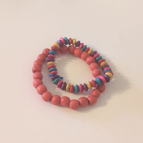 630 Set of 2 Multicolor Wood‎ Beaded Stretch Bracelets - Picture 3 of 4